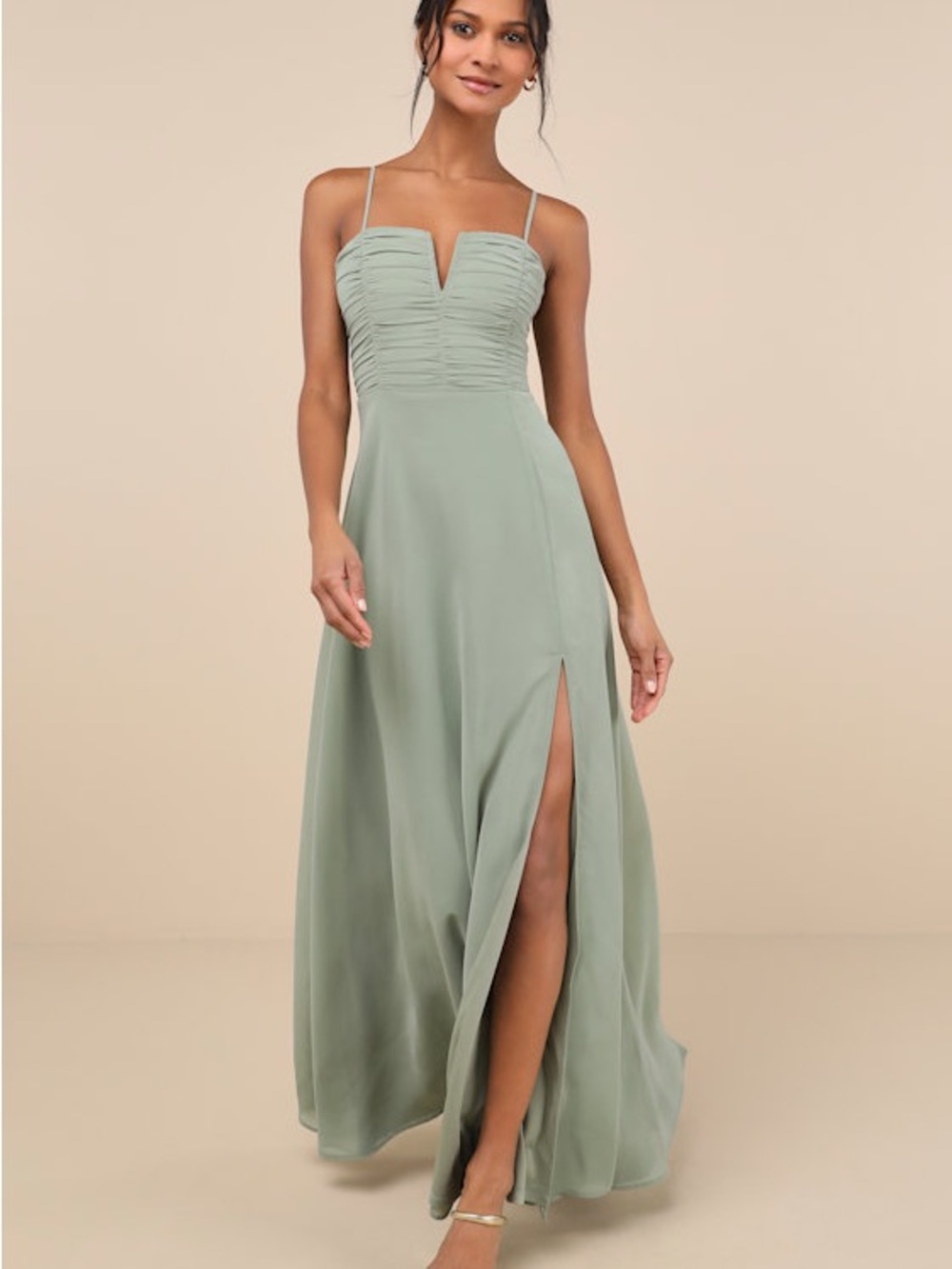 Lulu's Sage Green Ruched V-Neck Spaghetti Strap Maxi Dress